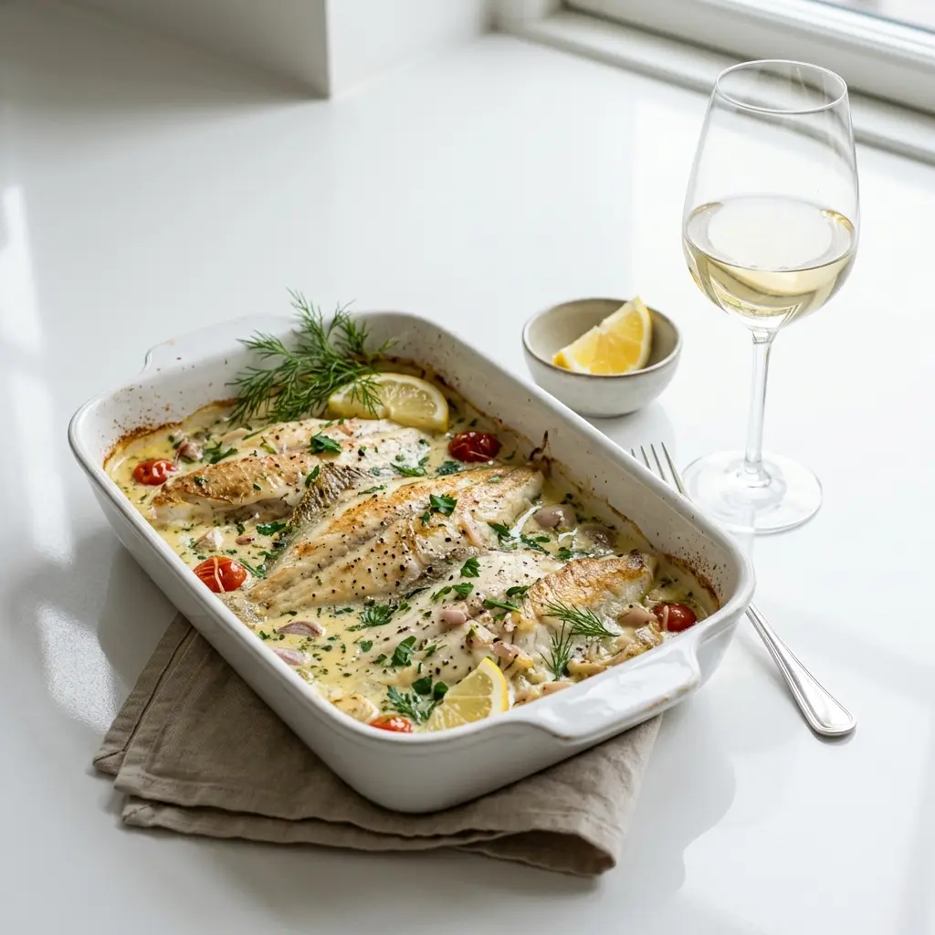 Receita de Solha no forno com vinho branco pronta a servir como prato caseiro