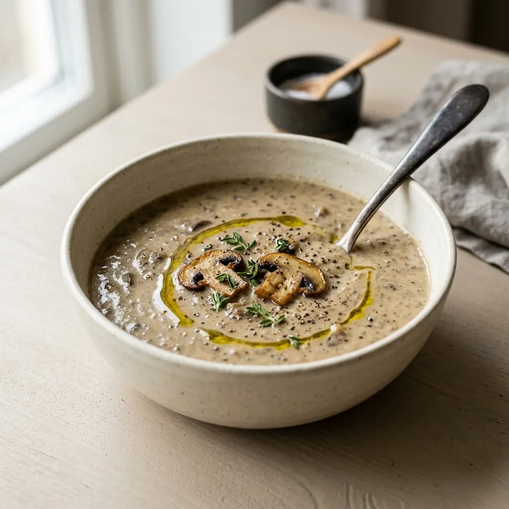 Receita de Sopa de cogumelos champignon servida quente numa taça