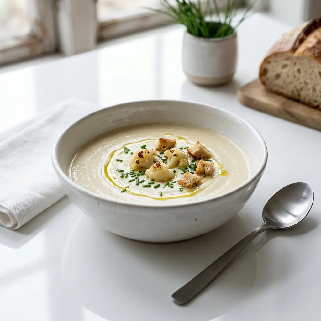 Receita de Sopa de couve-flor cremoso servida quente numa taça