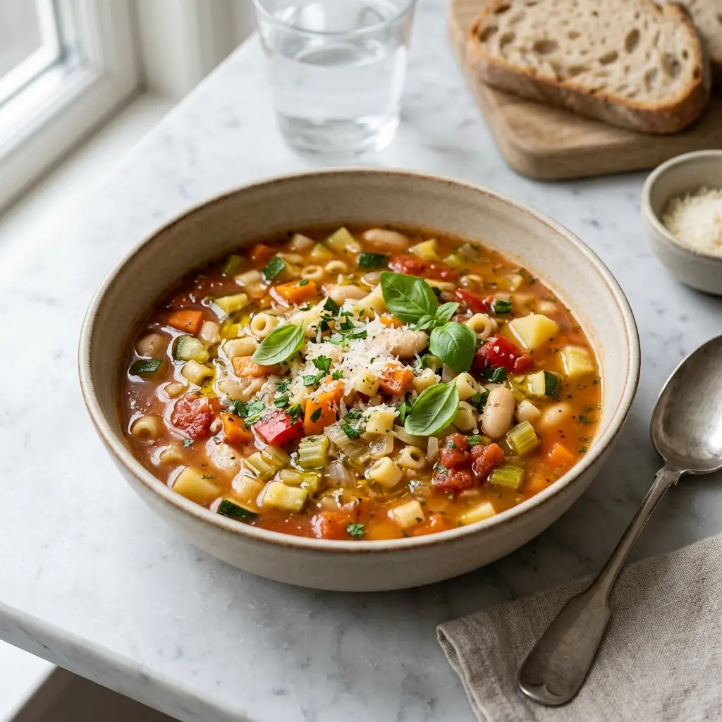 Sopa de legumes italiana com feijão, massa e espinafres servida numa taça