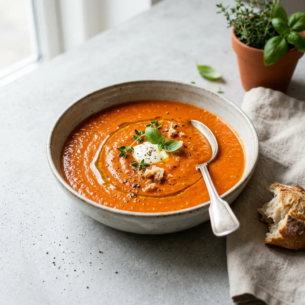 Receita de Sopa de pimento assado servida quente numa taça