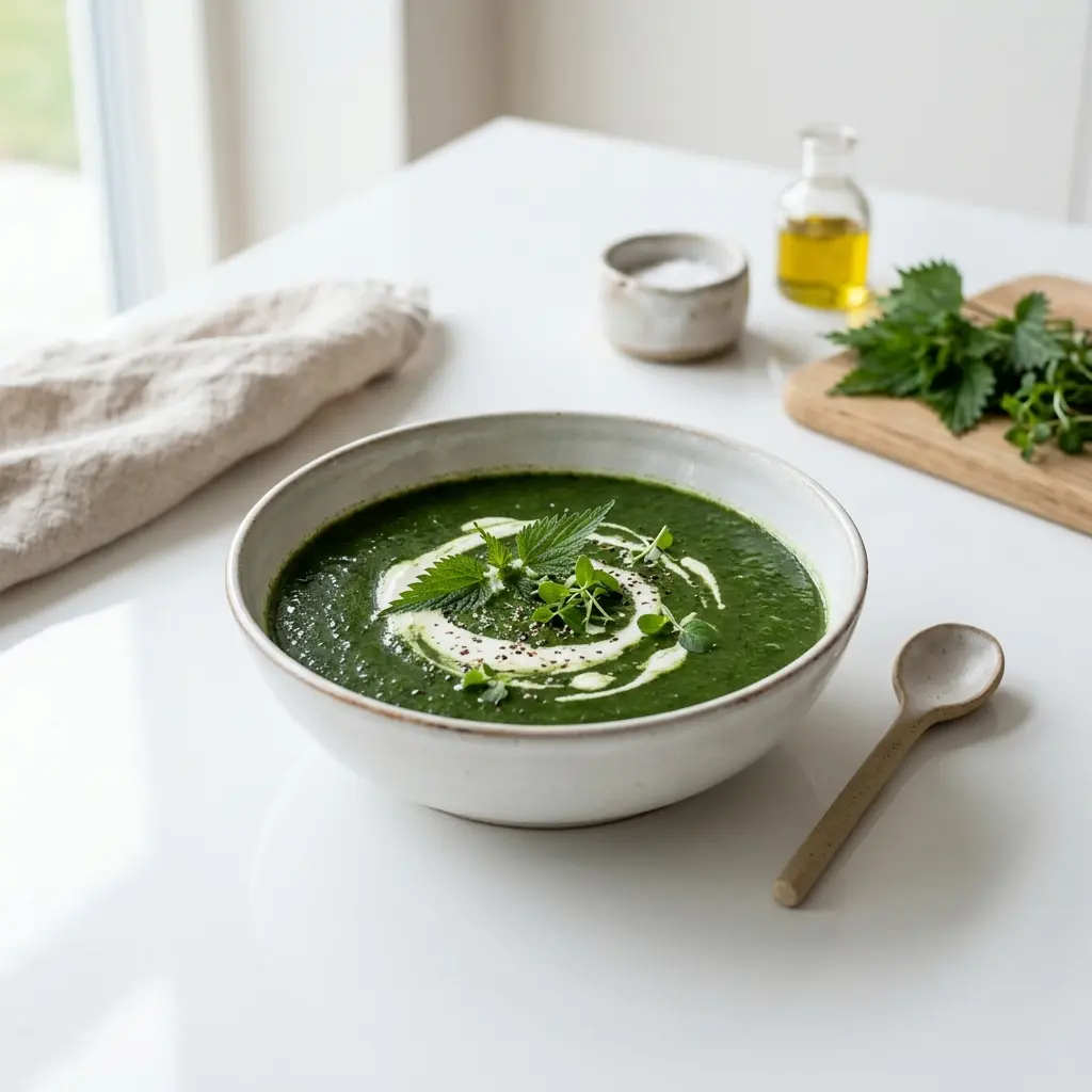 Receita de Sopa de urtigas servida quente numa taça