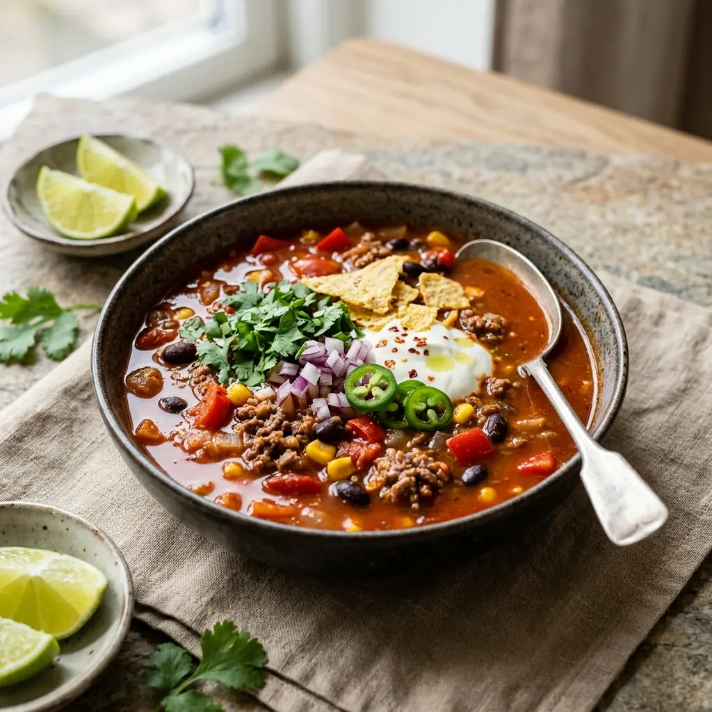 Receita de Sopa mexicano com carne de vaca servida quente numa taça