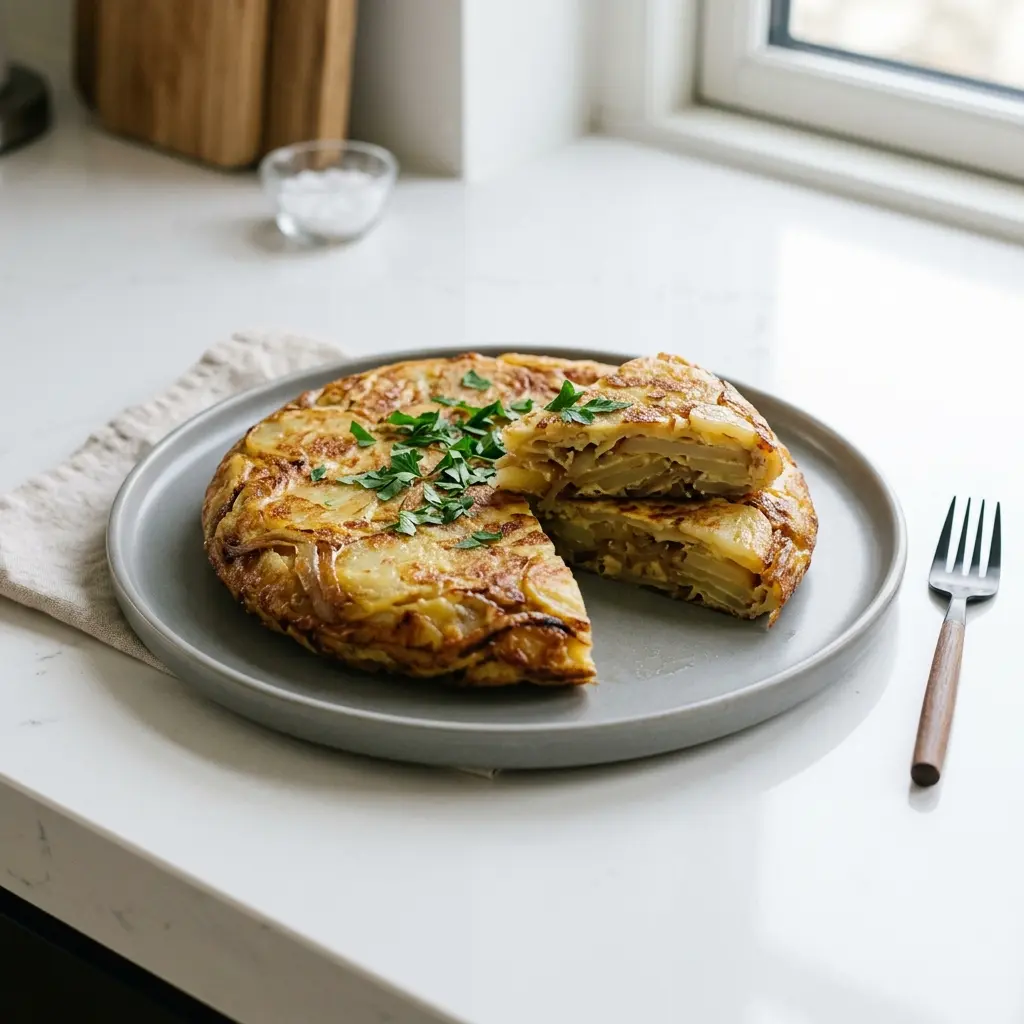 Receita de Spansk tortilha com batatas pronta a servir como prato caseiro