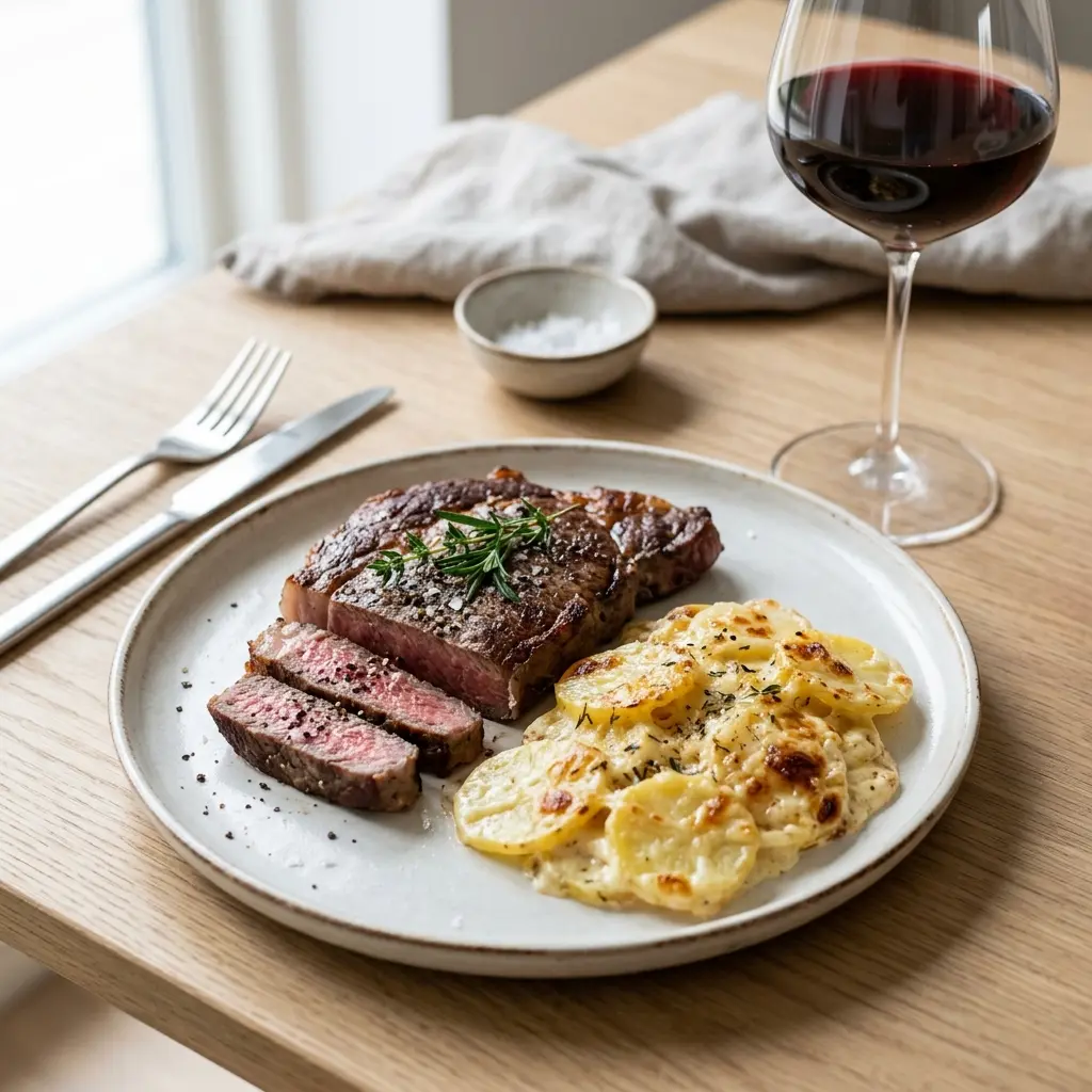 Receita de Steak com batatas gratinadas com natas pronta a servir como prato caseiro