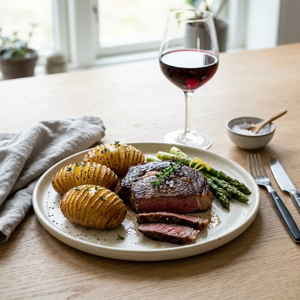 Receita de Steak com batatas Hasselback pronta a servir como prato caseiro