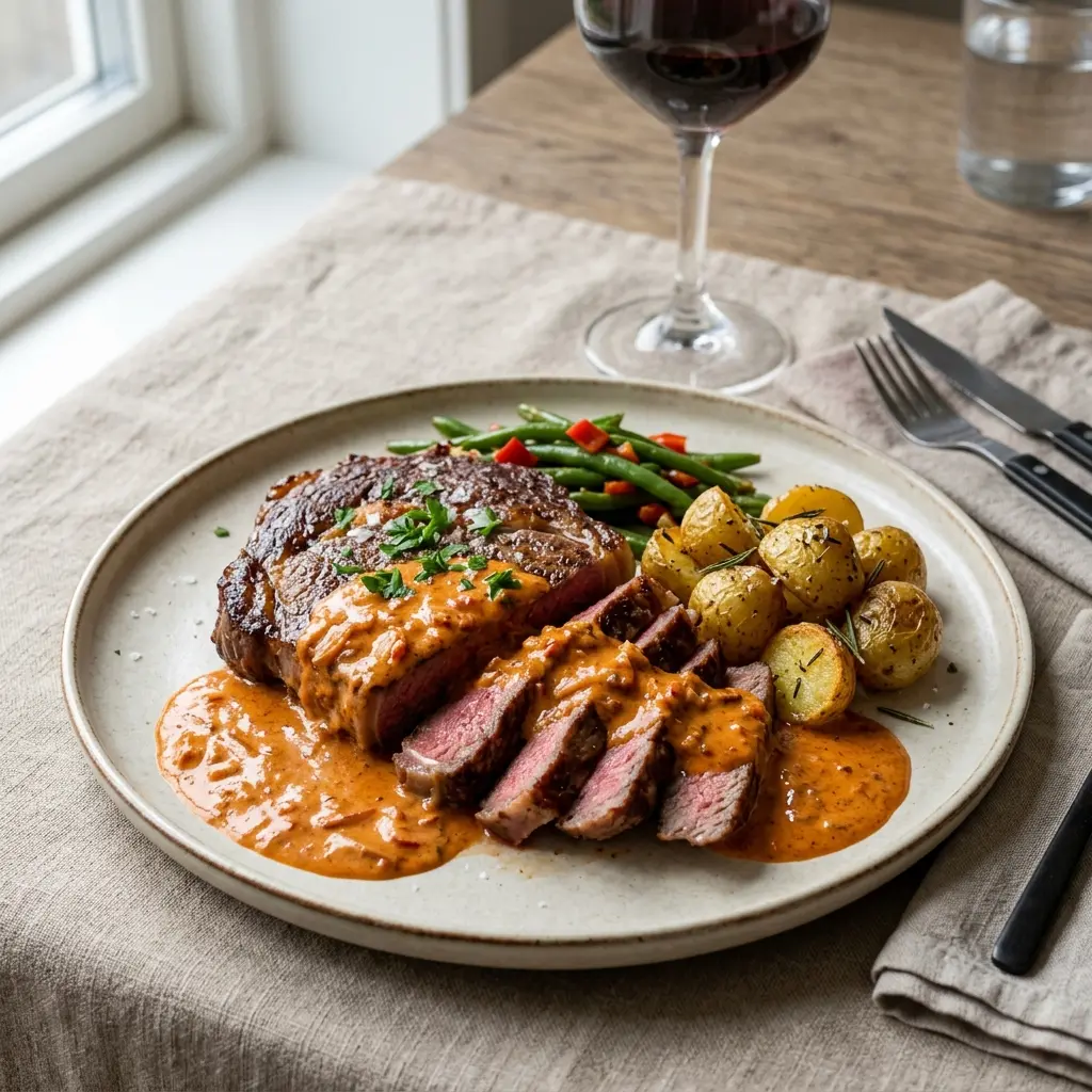 Receita de Steak com molho de pimentão-doce pronta a servir como sobremesa caseira