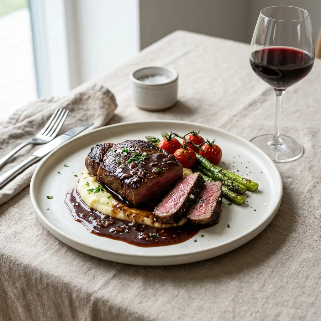 Receita de Steak com molho de vinho tinto apresentada como molho ou acompanhamento