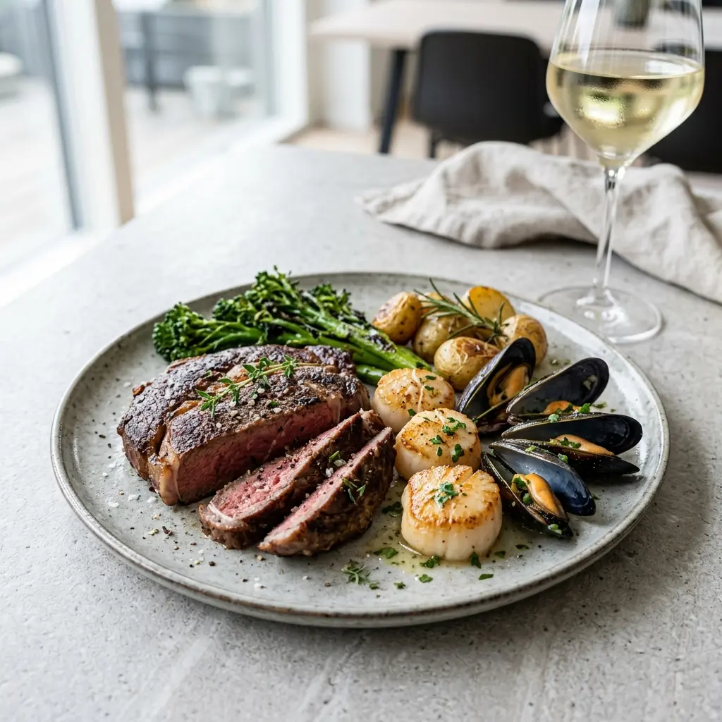 Surf and turf com bife de lombo, camarões salteados e salsa picada