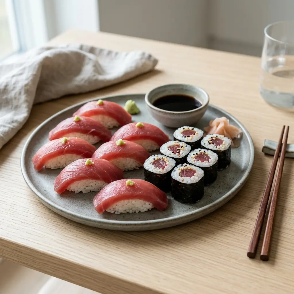 Receita de Sushi com atum pronta a servir como prato caseiro