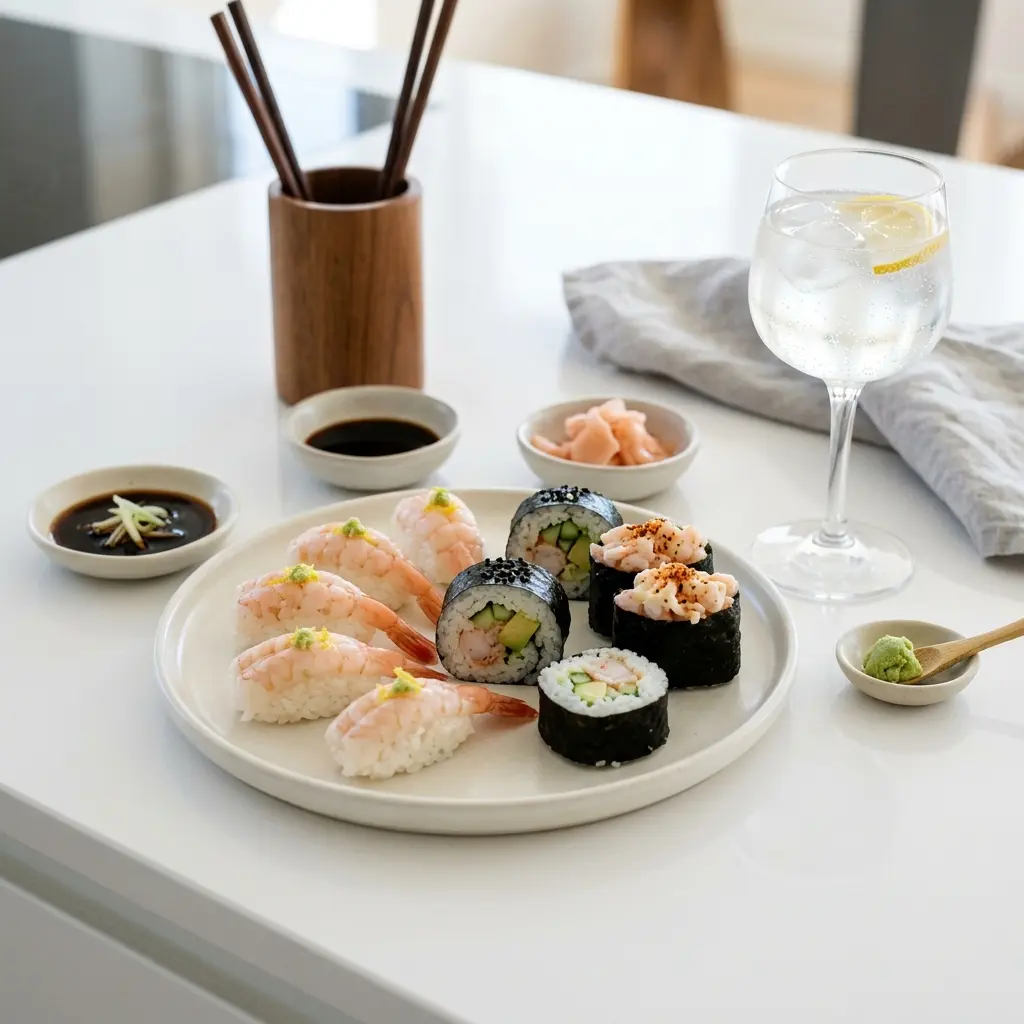 Receita de Sushi com camarões pronta a servir como prato caseiro