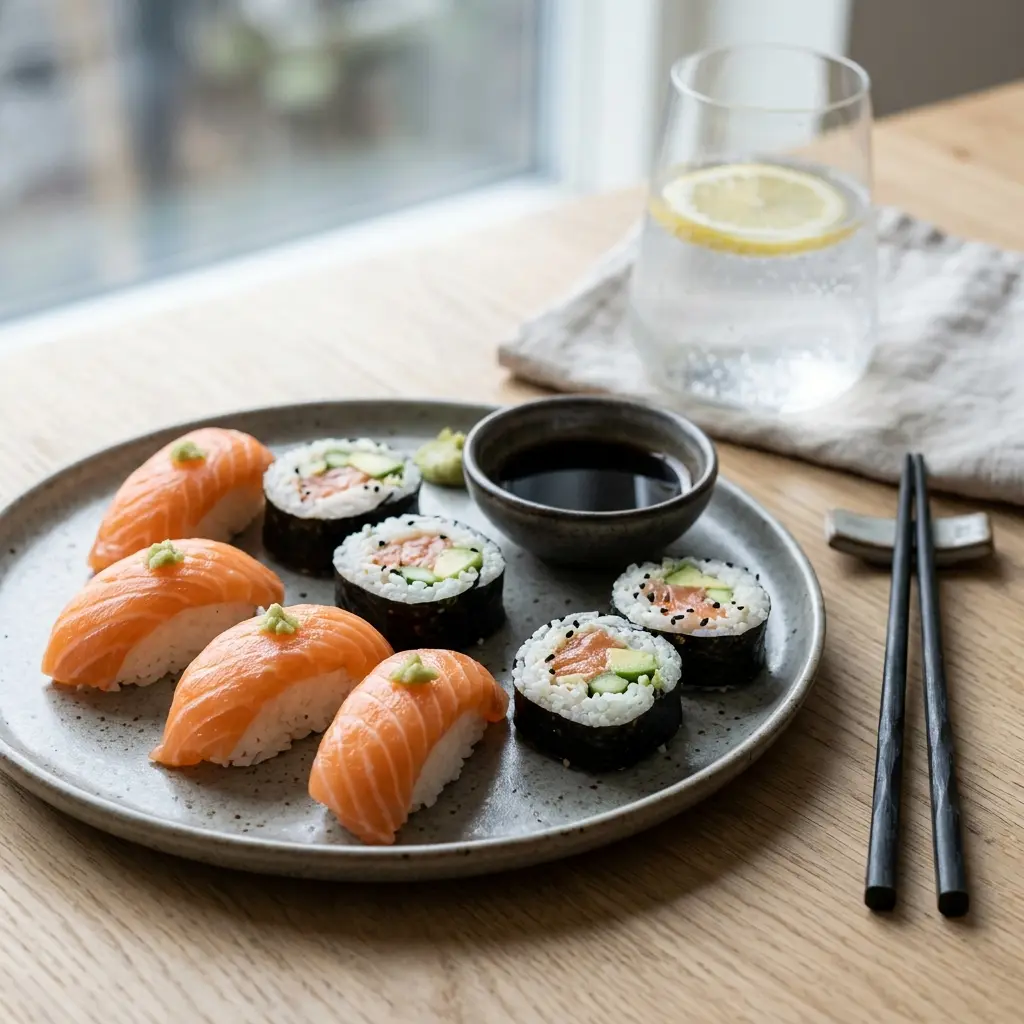 Receita de Sushi com salmão pronta a servir como prato caseiro