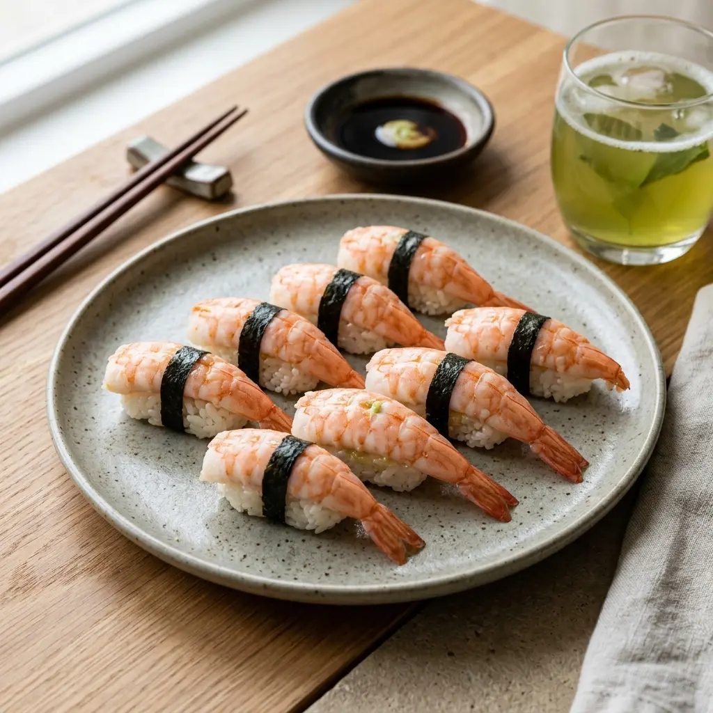 Sushi ebi: nigiri de camarão aberto em borboleta sobre arroz de sushi, num prato com gengibre