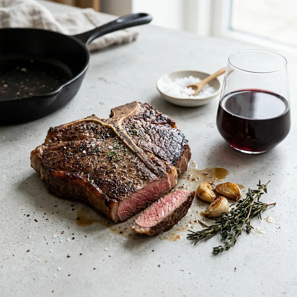 Receita de T-bone steak na frigideira pronta a servir como prato caseiro