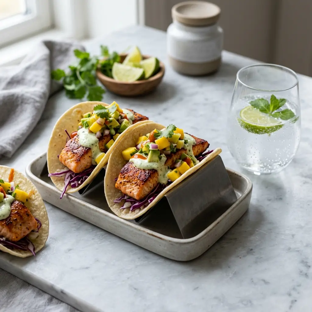Receita de Tacos de peixe com salmão pronta a servir como prato caseiro