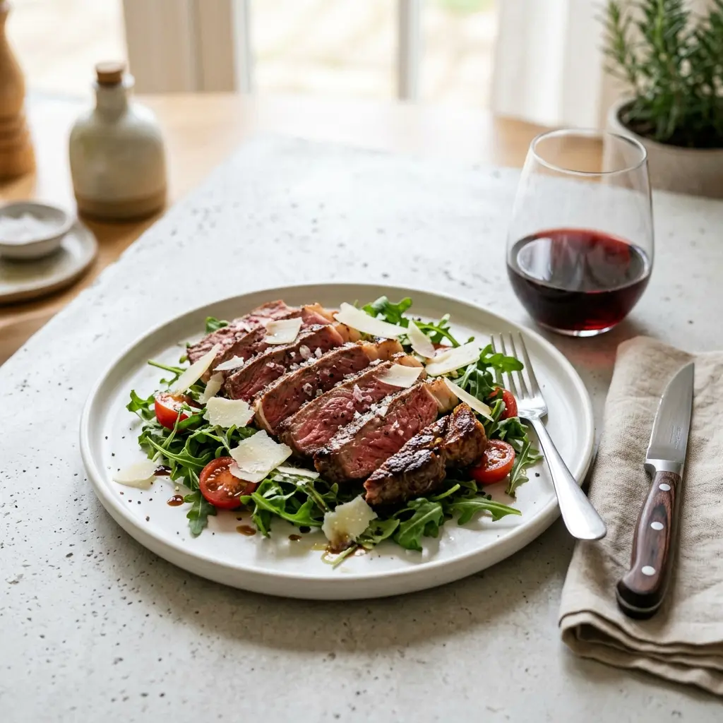 Tagliata di manzo fatiada sobre rúcula, com lascas de parmesão e creme de balsâmico