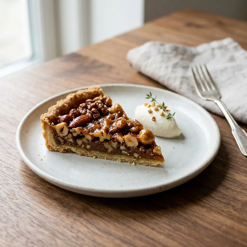 Receita de Tarte de frutos secos pronta a servir como sobremesa caseira