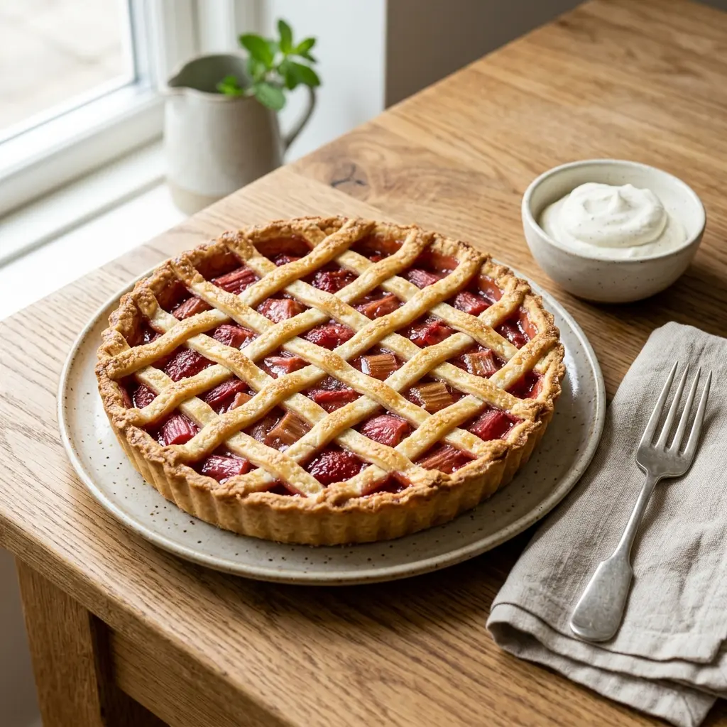 Receita de Tarte de ruibarbo pronta a servir como sobremesa caseira