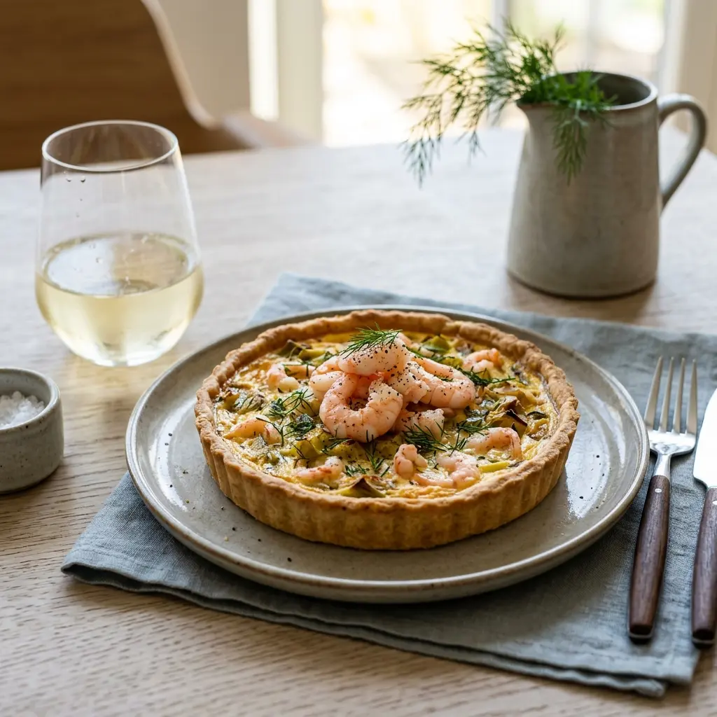 Receita de Tarte salgada com camarões e alho-francês pronta a servir como sobremesa caseira