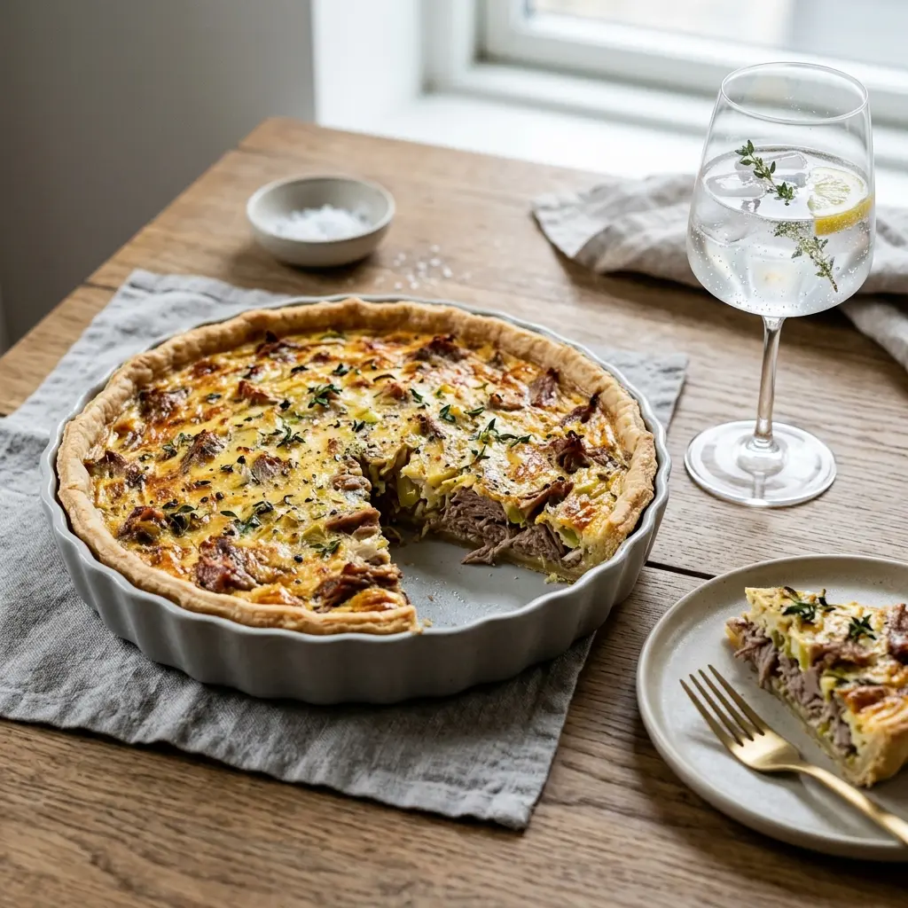 Tarte salgada com pato e alho-francês dourada, com uma fatia cortada que mostra o recheio cremoso