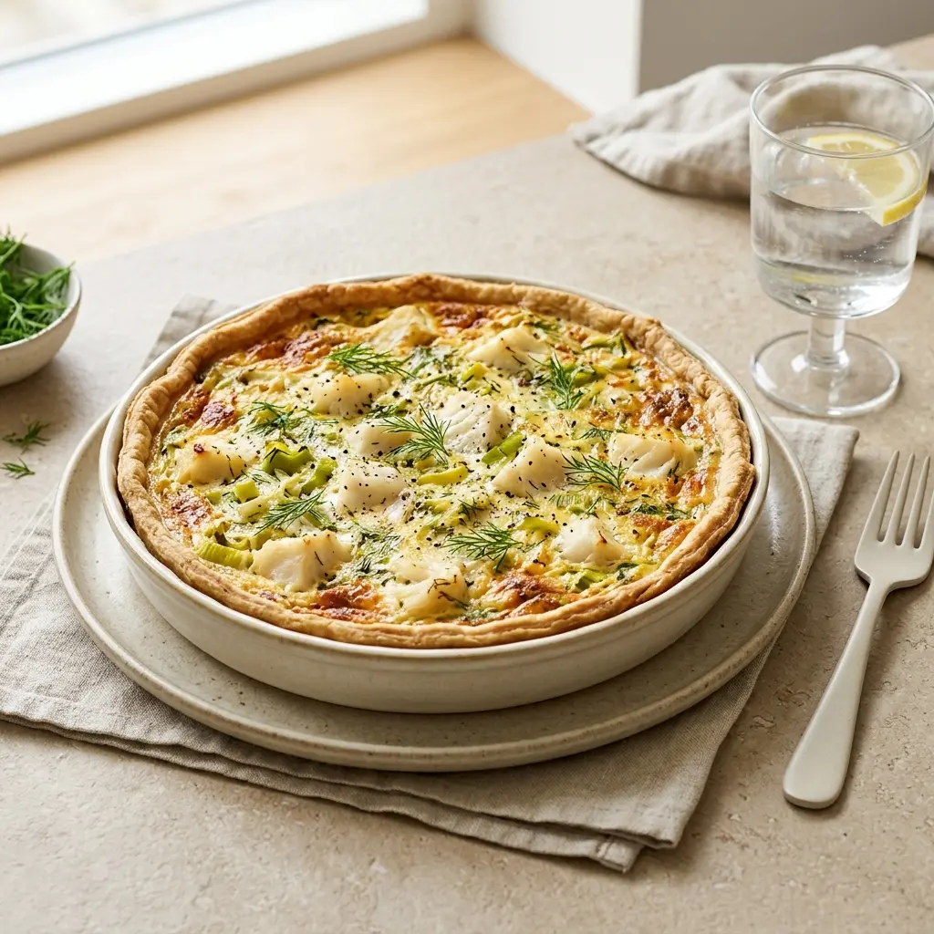 Receita de Tarte salgada de bacalhau com alho-francês pronta a servir como sobremesa caseira