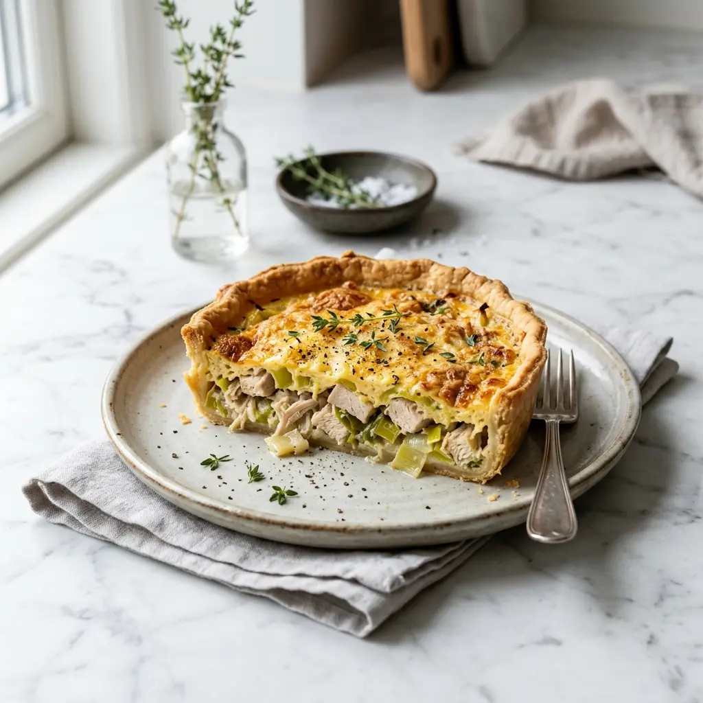 Receita de Tarte salgada de frango com alho-francês pronta a servir como sobremesa caseira