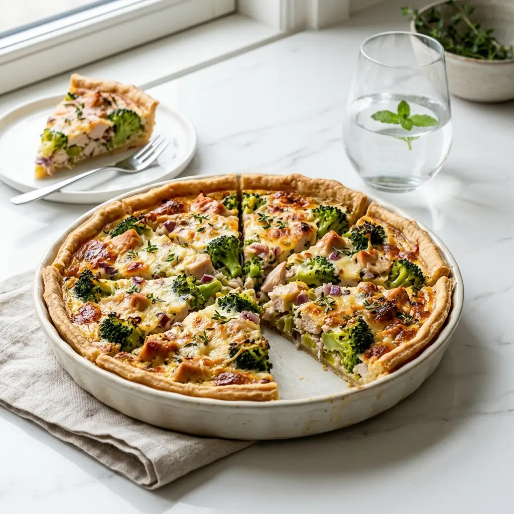 Receita de Tarte salgada de peru com brócolos pronta a servir como sobremesa caseira