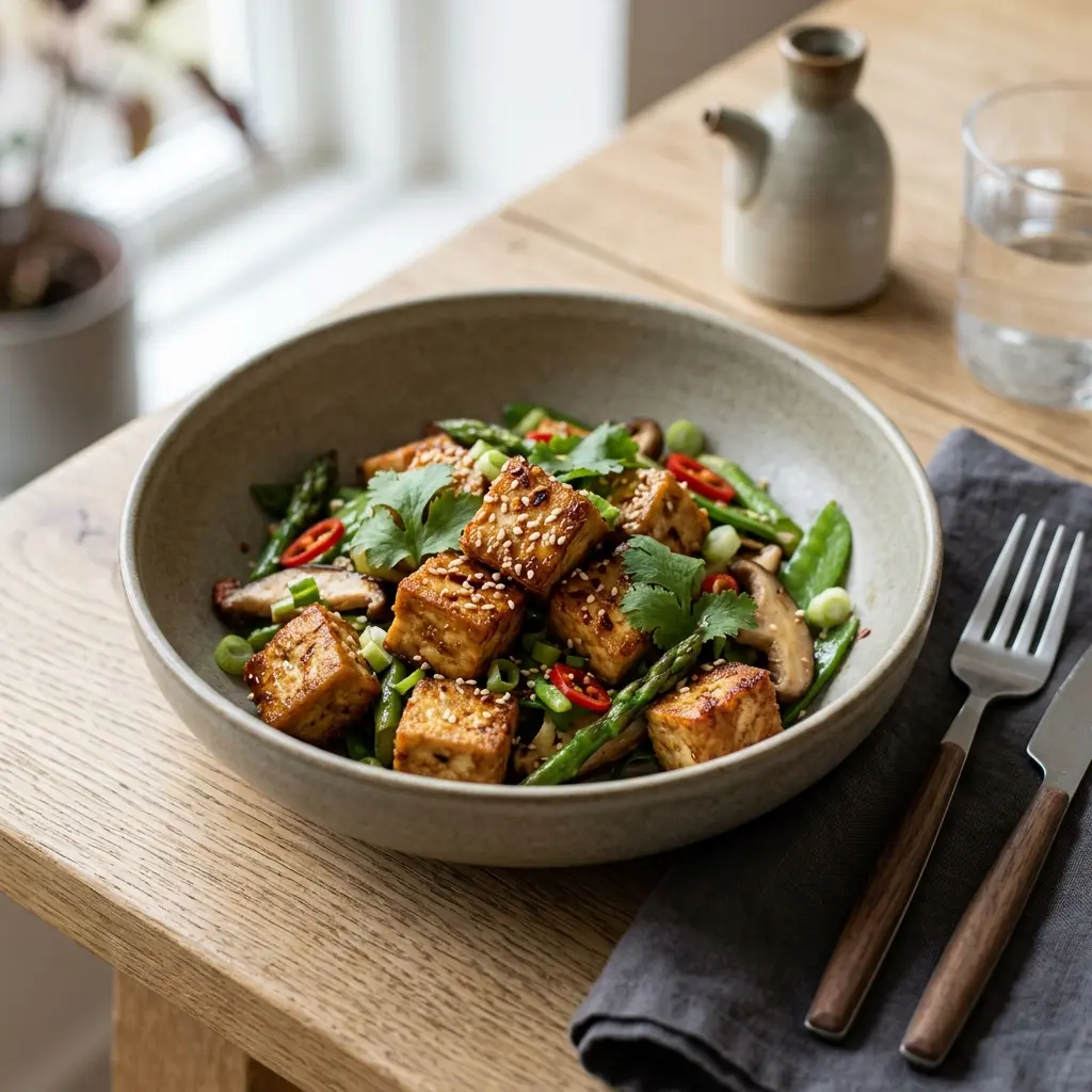 Receita de Tofu frito pronta a servir como prato caseiro