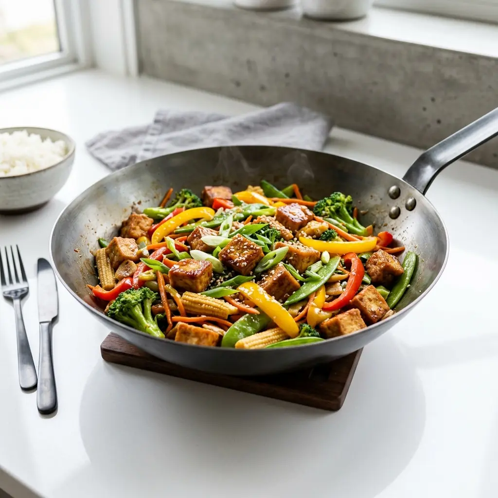 Receita de Tofu no wok pronta a servir como prato caseiro