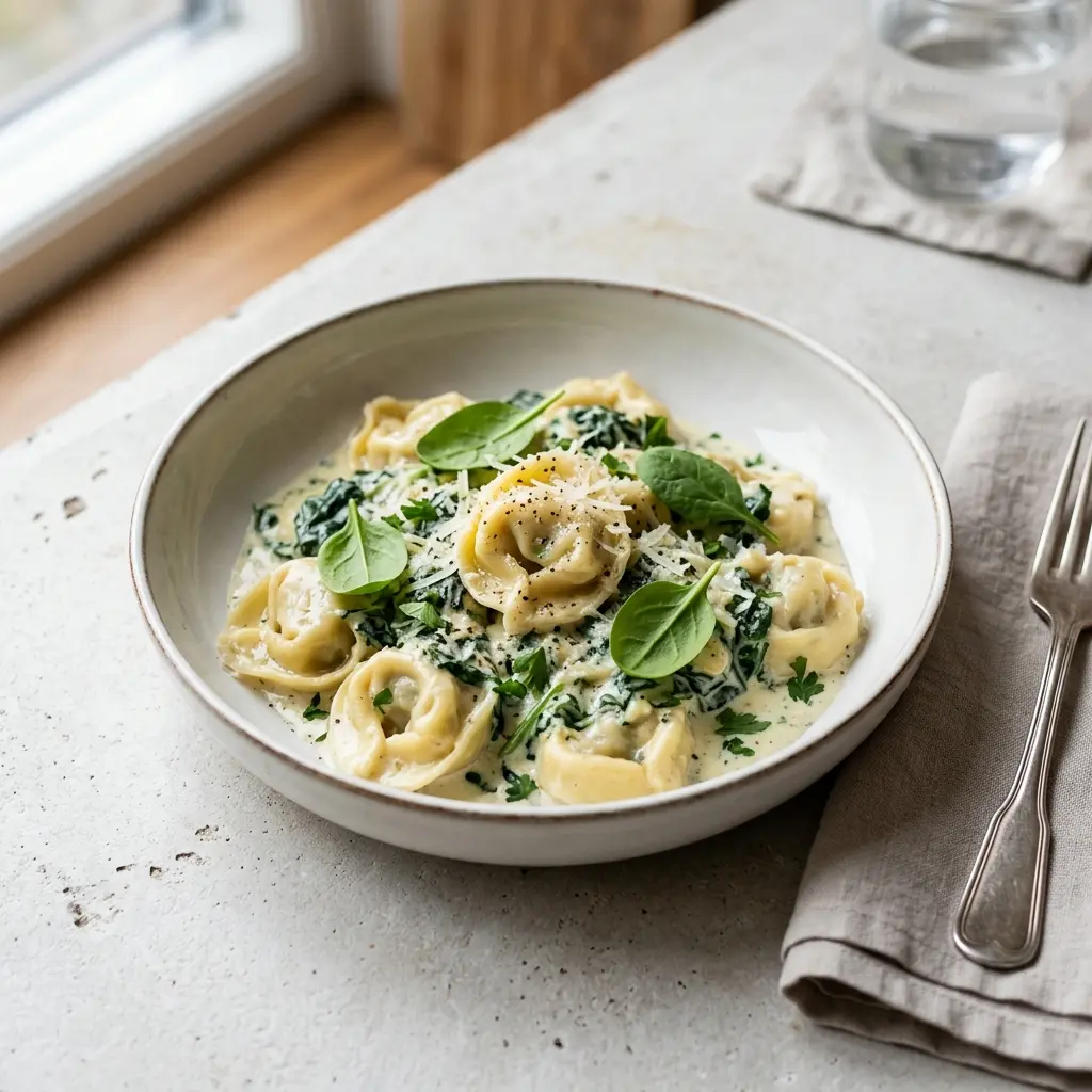 Receita de Tortellini com queijo e espinafres pronta a servir como prato caseiro
