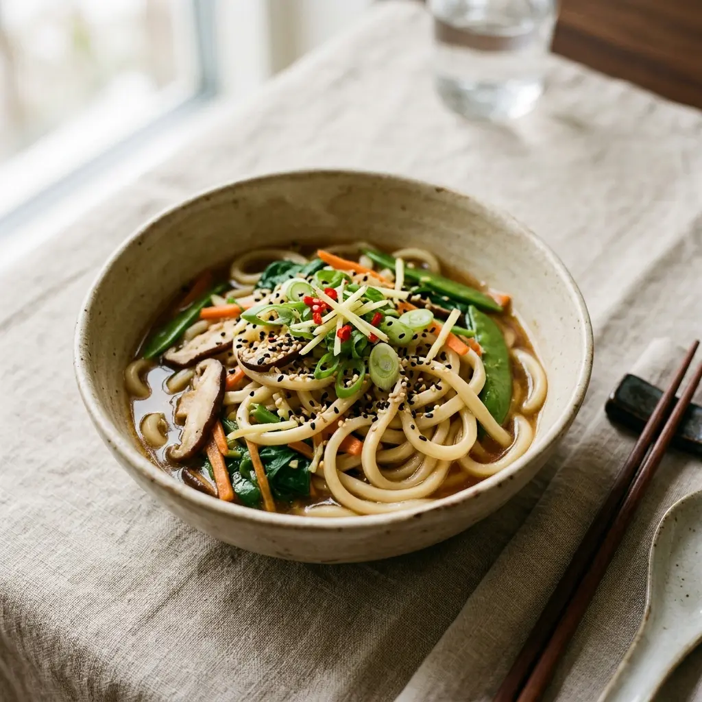 Receita de Udon noodles com gengibre pronta a servir como prato caseiro